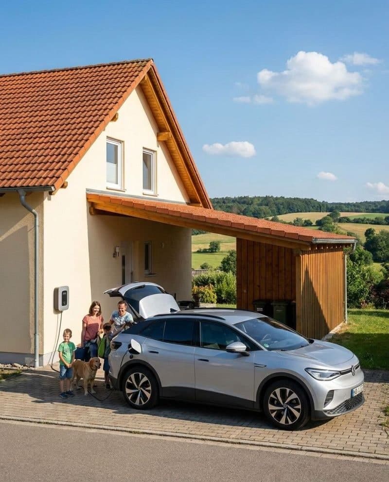 Familie lädt am eigenen Haus