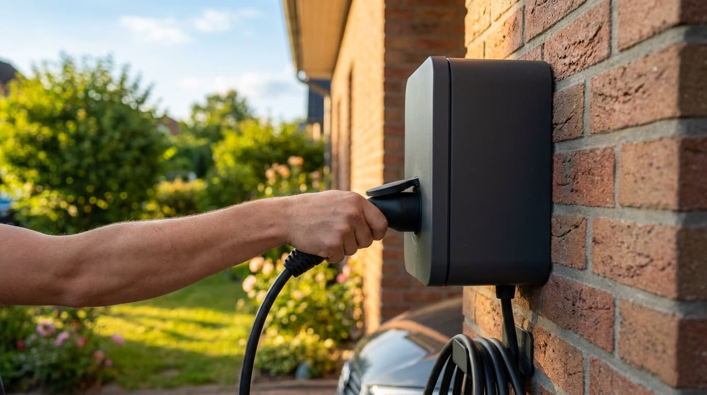 Eine Person steckt ein Ladekabel vom Typ 2 in eine Wallbox, die an einer Hauswand neben einem Garten montiert ist.