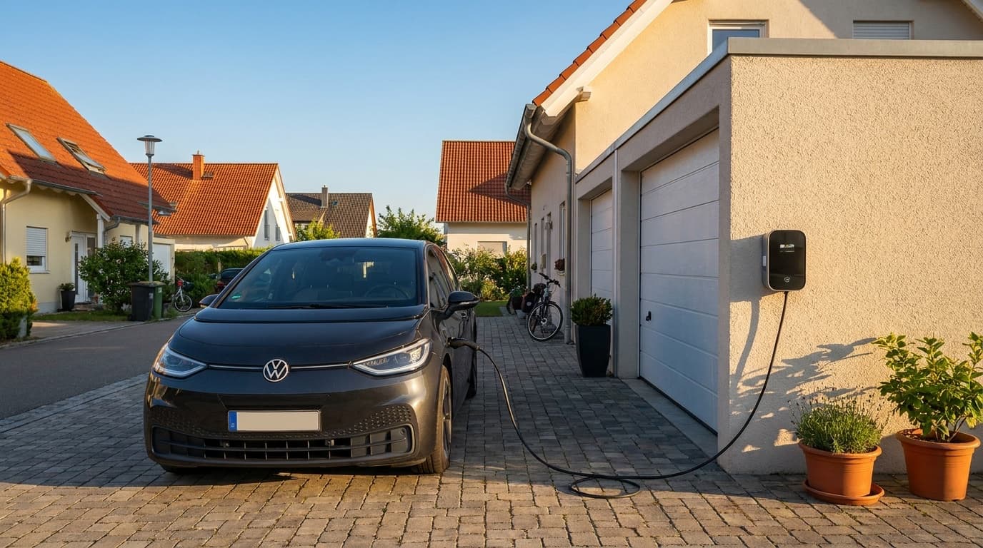 E-Auto lädt an einer privaten Wallbox in einer Hofeinfahrt im warmen Abendlicht